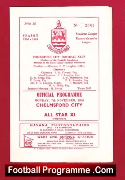 Chelmsford City v All Star X1 1960 - Friendly Match - football programme