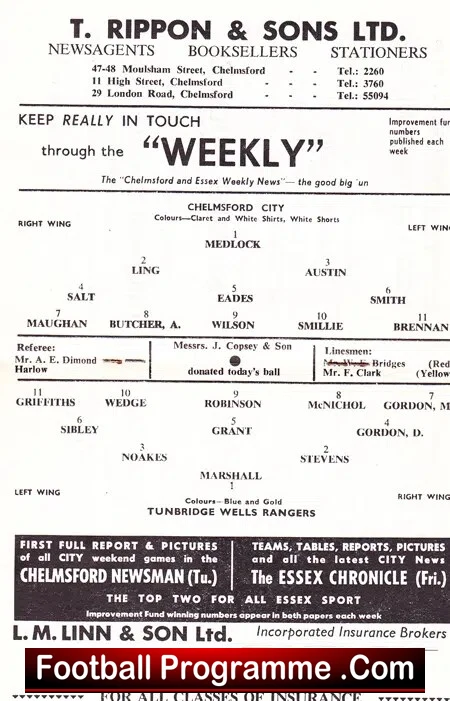 Chelmsford City v Tunbridge Wells 1964 - League Cup Replay