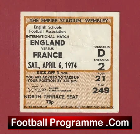 England v France 1974 – Football Ticket Schoolboys