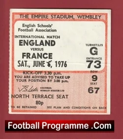 England v France 1976 - Football Ticket Schoolboys - football memorabilia