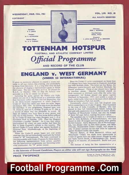 England v Germany 1961 – Under 21 International at Tottenham