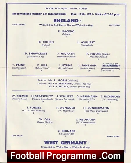 England v Germany 1961 - Under 21 International at Tottenham