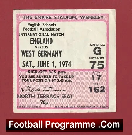 England v Germany 1974 – Football Ticket Schoolboys