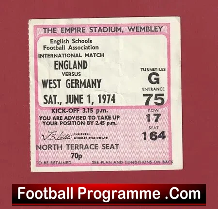 England v Germany 1974 – Football Ticket School Boys