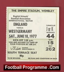 England v Germany 1977 - Football Ticket Schoolboys - football memorabilia