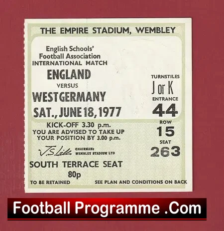 England v Germany 1977 – Football Ticket School Boys
