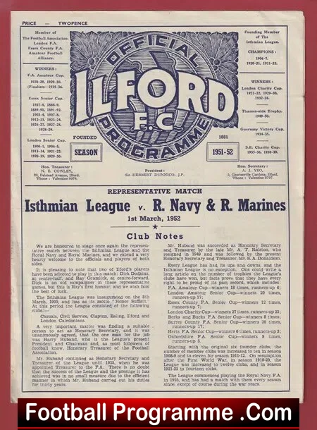 Isthmain League v Royal Navy + Royal Marines 1952 – at Ilford