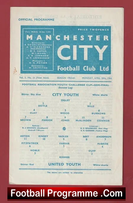 Manchester City v Manchester United 1964 – Youth Cup Semi Final