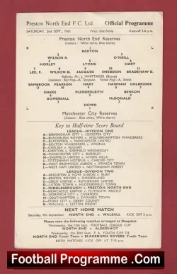 Preston North End v Manchester City 1961 - Reserves Match - football programme