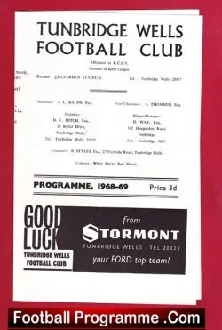 Tunbridge Wells v Sittingbourne 1969 - football programme
