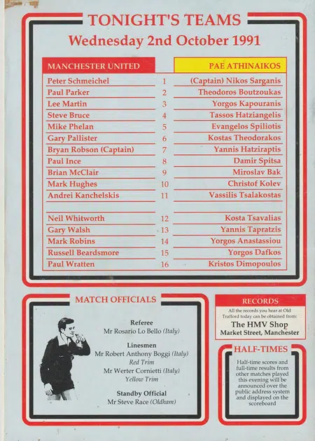 Manchester United v Panathinaikos 1991 - ECWC - Man United