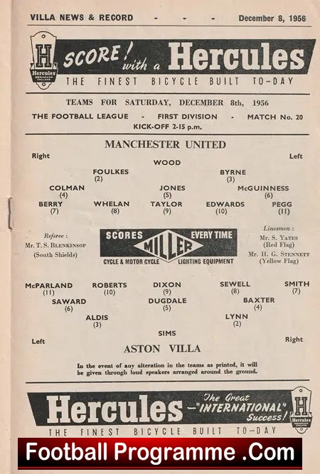 Aston Villa v Manchester United 1956 - 1950's Man Utd