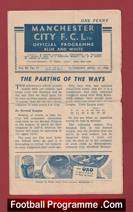 Manchester City v Manchester United 1946 – Man City Relegated