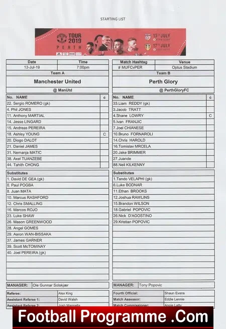 Perth Glory v Manchester United 2019 – Australia Tour Team Sheet