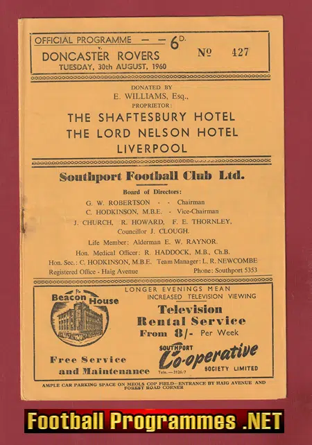 Southport v Doncaster Rovers 1960 – 1960s Programme