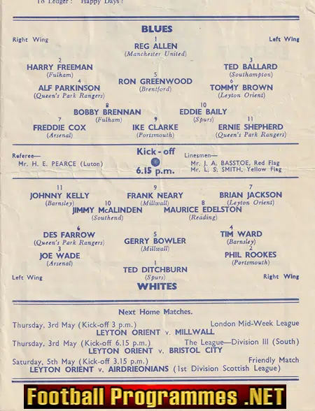 Ledger Ritson Testimonial Benefit Match Leyton Orient 1951