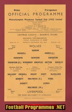 Wolves Wolverhampton v Liverpool 1964 - Reserves Game