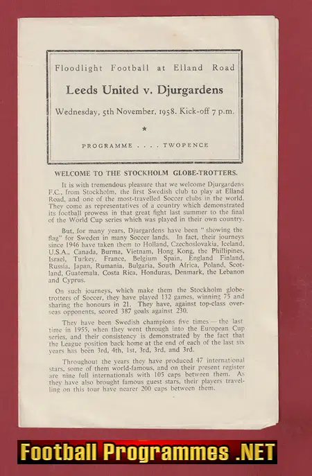 Leeds United v Djurgardens 1958 – Elland Road Friendly Match