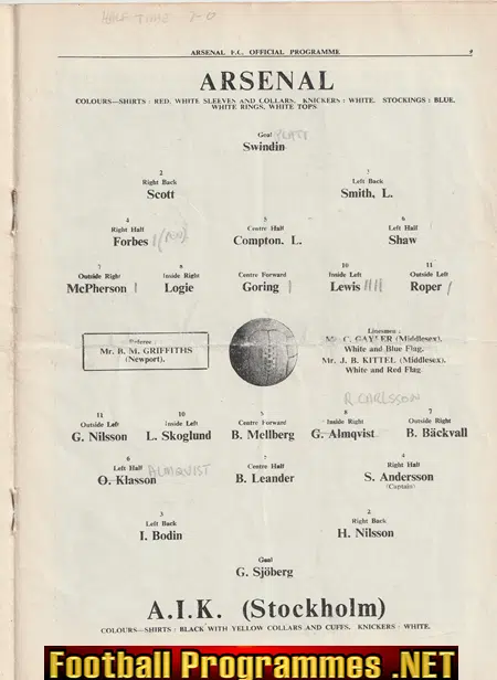 Arsenal v AIK 1949 - Stockholm Sweden Friendly
