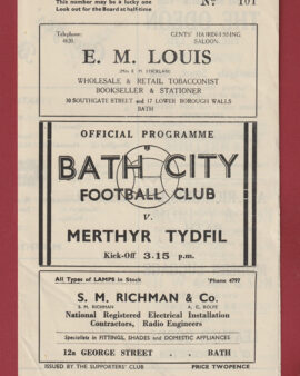 Bath City v Merthyr Tydfil 1948 – 1940’s Programme