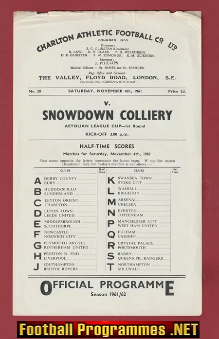 Charlton Athletic v Snowdown Colliery 1961 – Aetolian Cup
