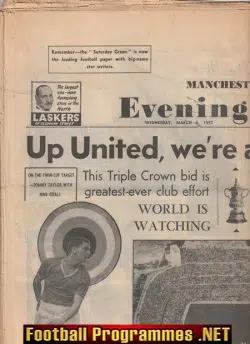 Manchester Evening News Paper 1957 Man Utd Triple Crown Bid