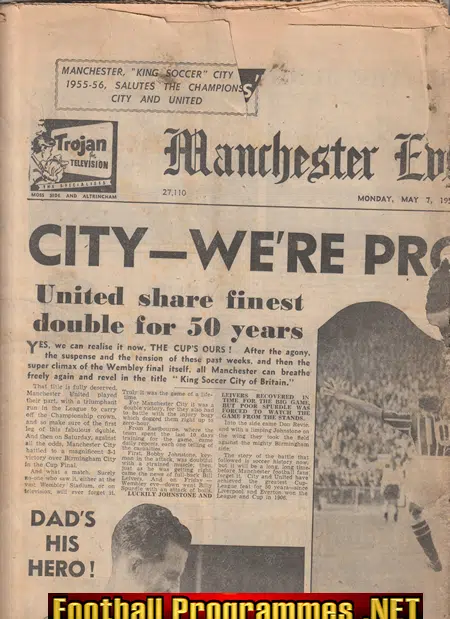 Manchester Evening News Paper 1956 Man Utd Double Triumph
