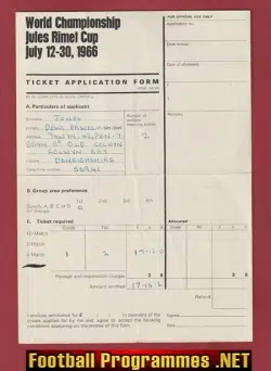 World Cup Ticket Application Form 1966