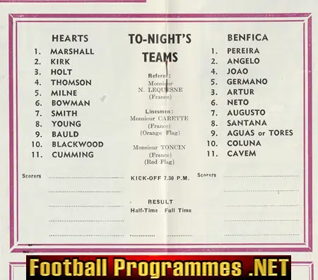 Heart Of Midlothian v Benfica 1960 - Tynecastle Park - Hearts