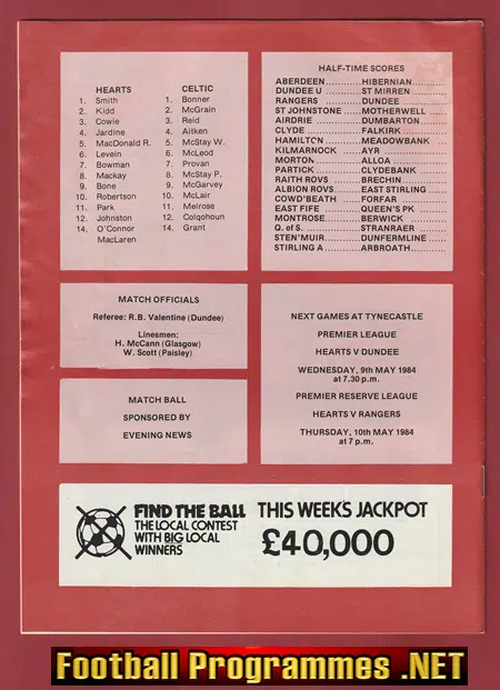Heart Of Midlothian v Glasgow Celtic 1984 - Multi SIGNED + Tick