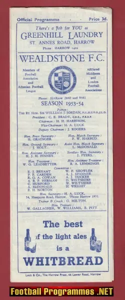 Wealdstone v Enfield 1953 – Early 1950’s Programme