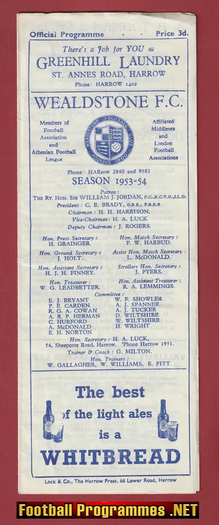 Wealdstone v Enfield 1953 – Early 1950’s Programme