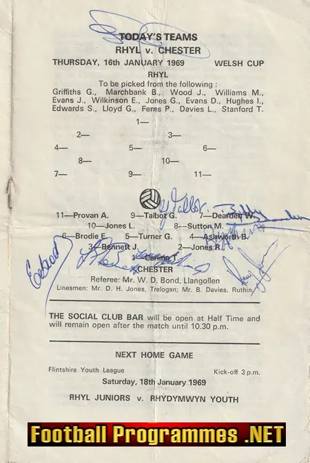 Rhyl v Chester 1969 - Multi Autographed SIGNED Wales