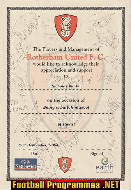 Rotherham United Football Club Multi Signed Autograph 2004