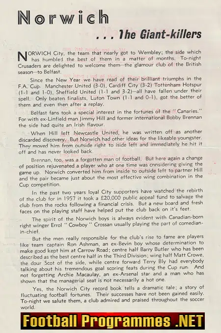 Cliftonville v Norwich City 1959 - Ireland - Official Programme
