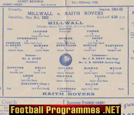 Millwall v Raith Rovers 1952 - Scottish Scotland Team