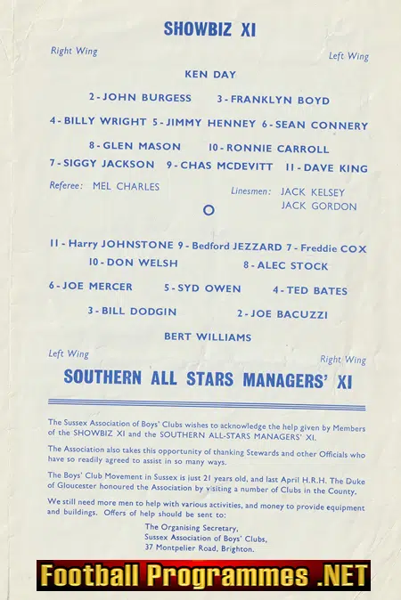 Southern All Stars v Showbix X1 1960 - Sean Connery + Joe Mercer