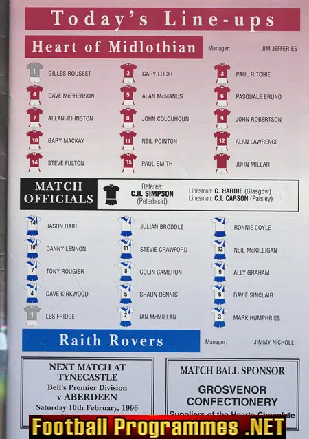 Heart Of Midlothian v Raith Rovers 1996 - Autographed SIGNED