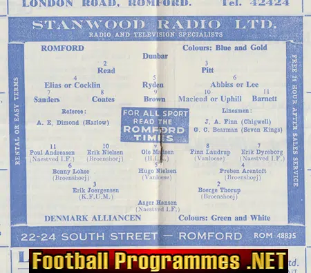 Romford v Denmark Alliance 1963 - Friendly Match