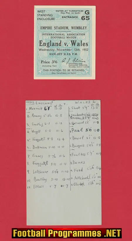 England v Wales 1952 - Plus Ticket + Newspaper Articles