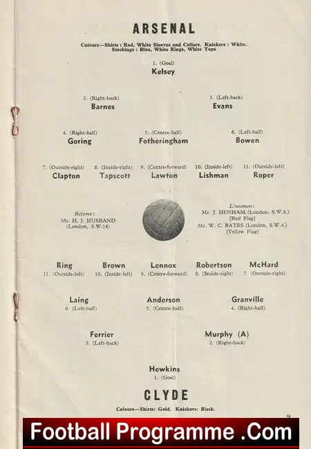 Arsenal v Clyde 1955 - Friendly Match - Scotland Team