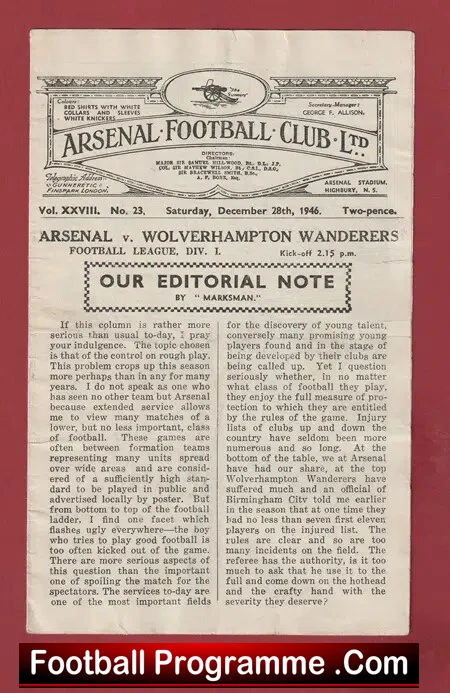 Arsenal v Wolves 1946 – 1940s Old Football Programmes