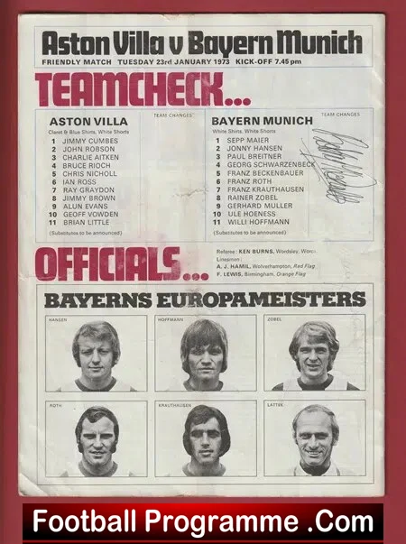Aston Villa v Bayern Munich 1973 - Autographed SIGNED
