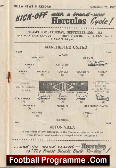 Aston Villa v Manchester United 1952 - v Man Utd Programme 50's