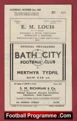 Bath City v Merthyr Tydfil 1948 - 1940's Programme - football programme