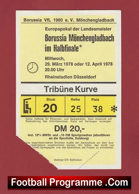 Borussia Monchengladbach v Liverpool 1978 – European Cup Ticket