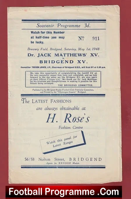 Bridgend XV v Jack Matthews XV 1948 – Souvenir Programme 40’s