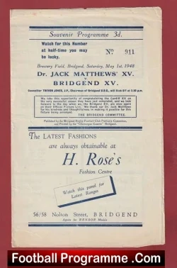 Bridgend XV v Jack Matthews XV 1948 – Souvenir Programme 40’s