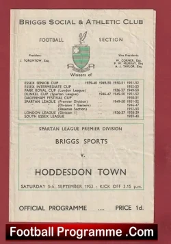Briggs Sports v Hoddesdon Town 1953 - Spartan League - football programme