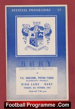Bury v Maccabi 1957 - Friendly Match Gigg Lane Jewish Football - football programme